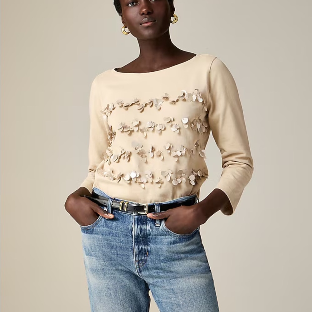 NEW J Crew Mariner Jersey Long Sleeve Tee Floral Embellished Light Khaki Medium - Picture 2 of 12
